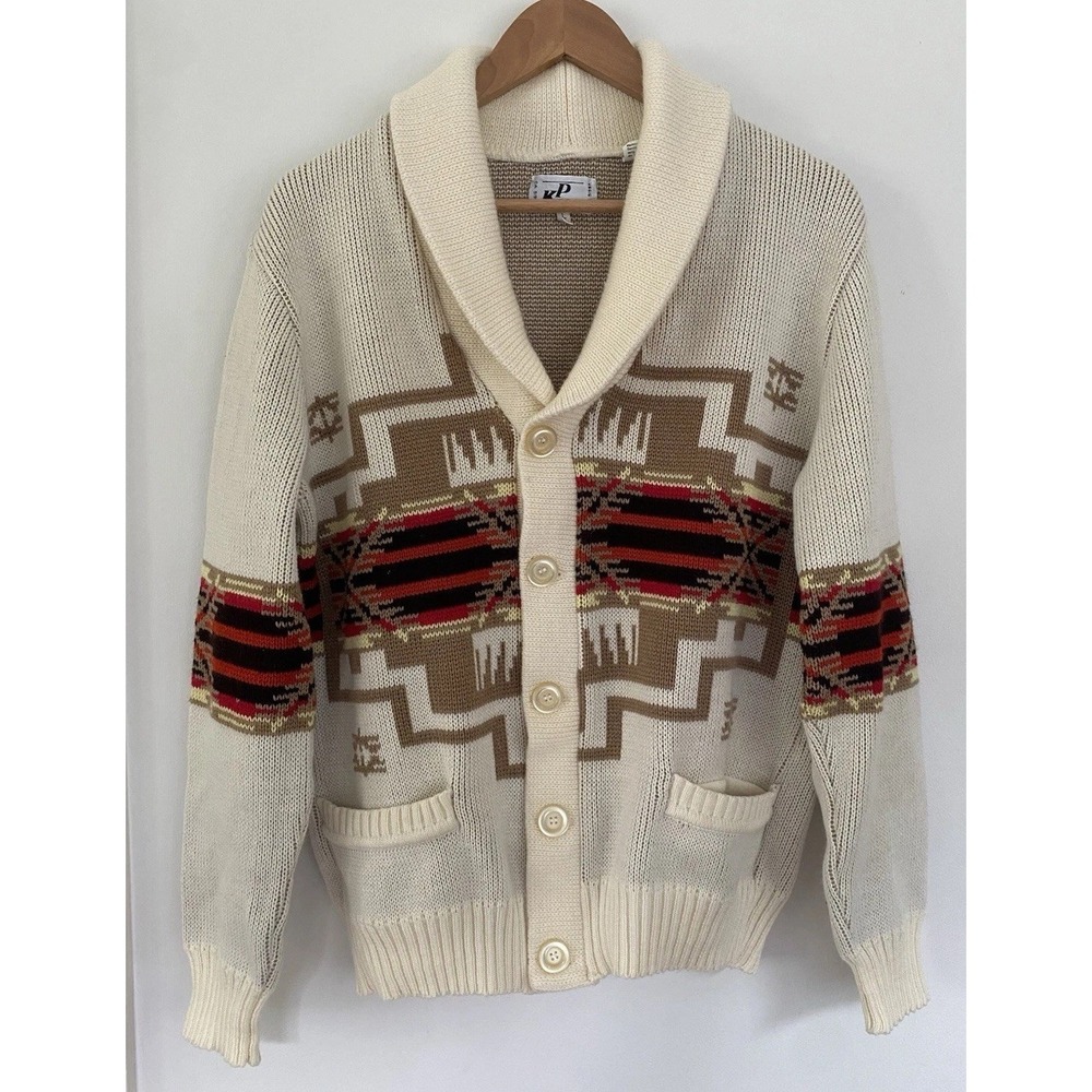 Vintage Southwestern Aztec Knit Cardigan Cream Shawl Collar Cowichan Style Large